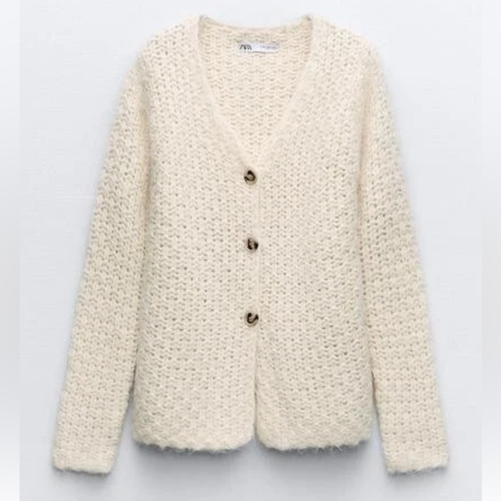 Zara NWT ivory off white cream chunky knit button front sweater cardigan